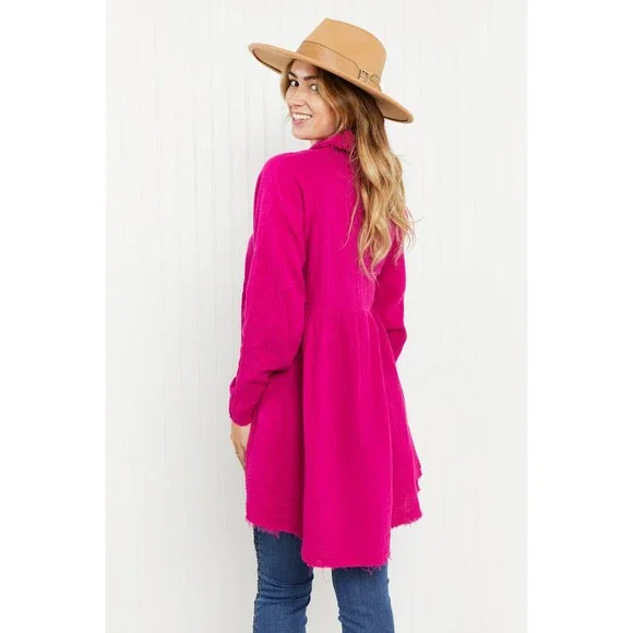 Hazel Blues Bright and Airy Raw Edge Peplum Shirt with Pockets - Picture 2 of 7